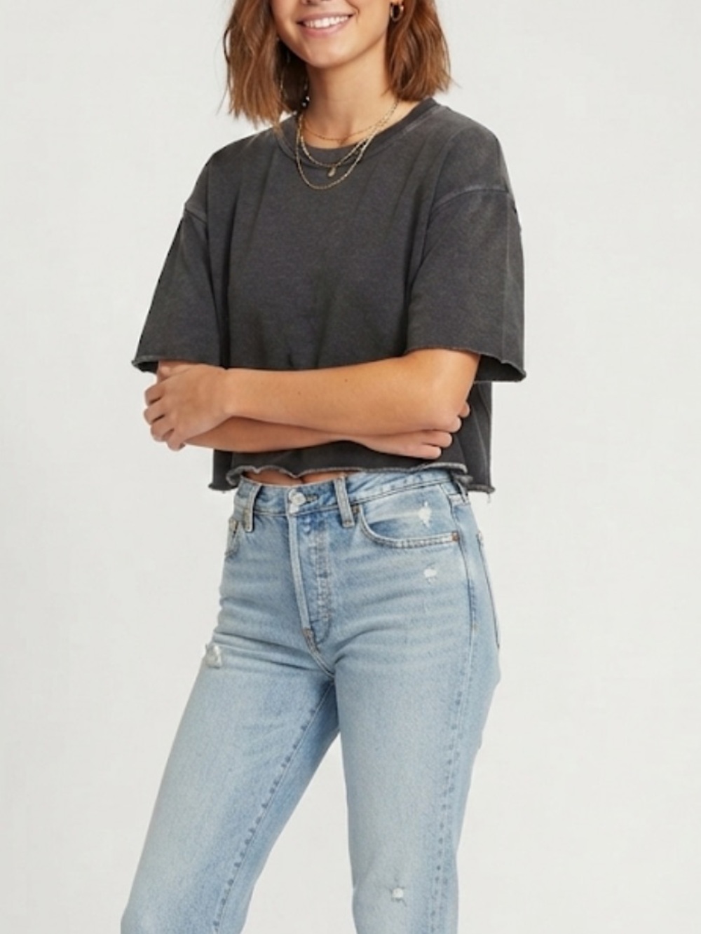 NWT Retro Fox Women's Charcoal Cropped Tee - Casual Raw-Hem Top Size Large